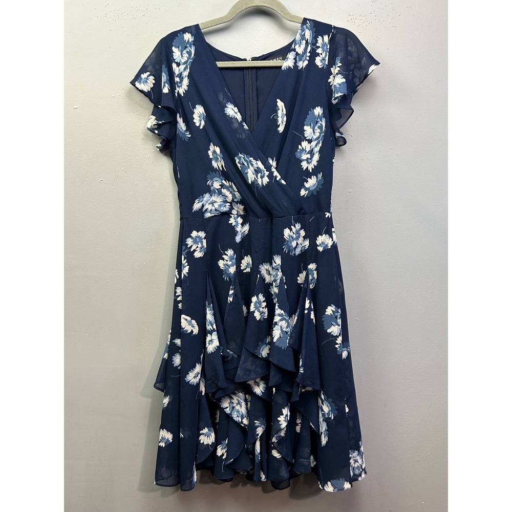 Lauren Ralph Lauren Dress Women 6 Blue Floral Ruffle Flutter Sleeve V-Neck
